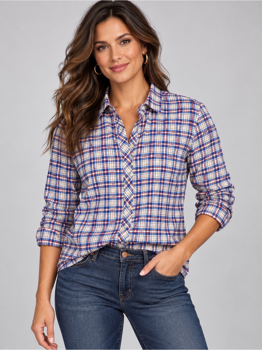 Marmot Women XL Plaid Flannel Button Front Shirt Roll Tab Long Sleeve Blue Red